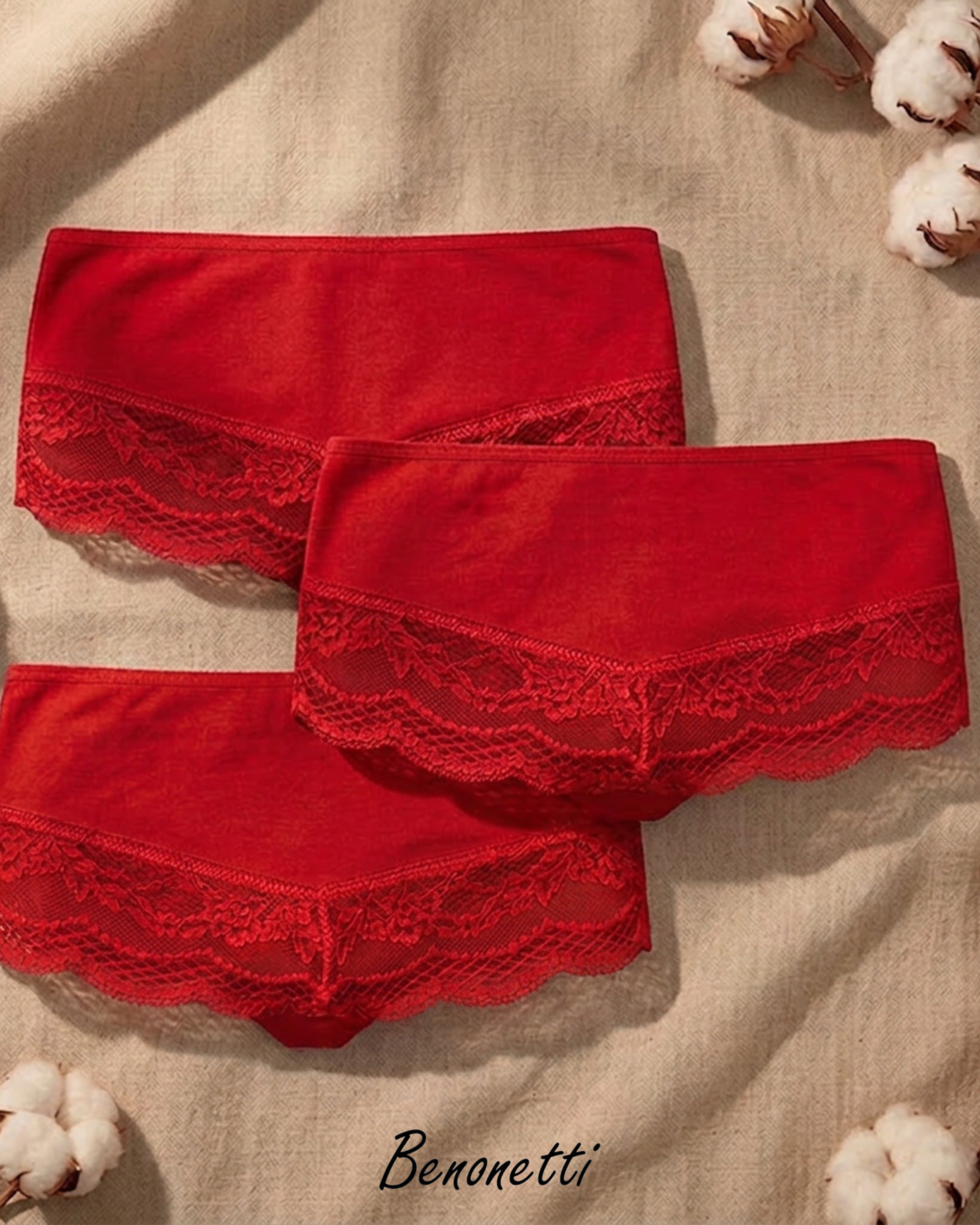 Benonetti Damen Hipster mit Spitzen - Rot – 3er Pack