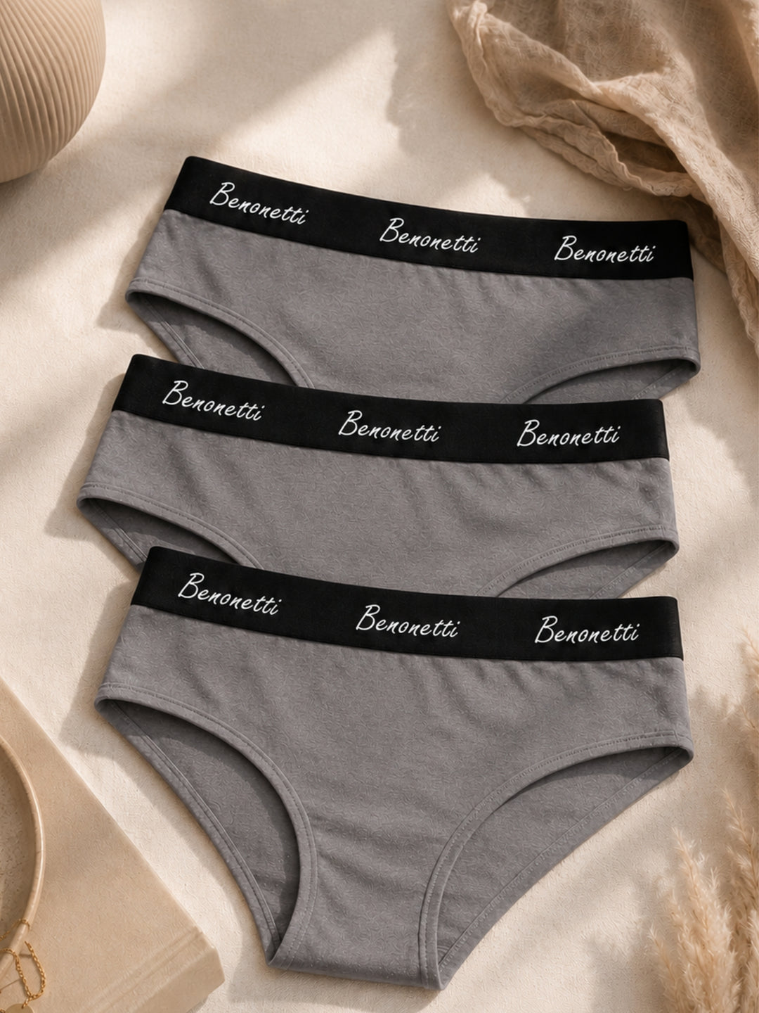 Benonetti Damen Slip mit elastischem Bund – Grau – 3er Pack