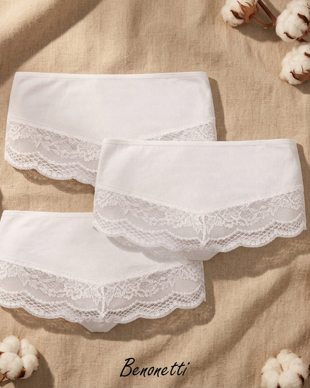 Benonetti Damen Hipster mit Spitzen - Weiß – 3er Pack