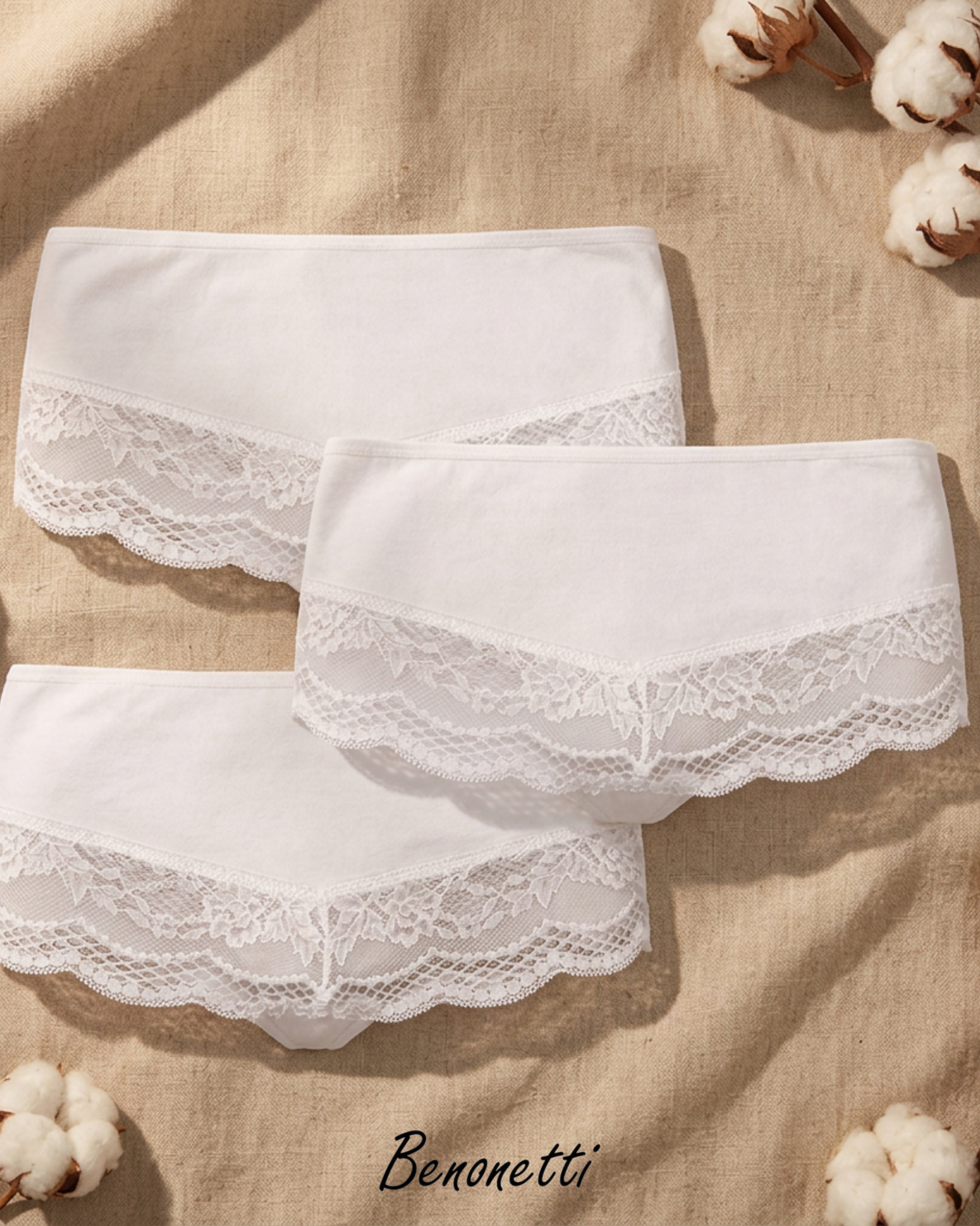 Benonetti Damen Hipster mit Spitzen - Weiß – 3er Pack