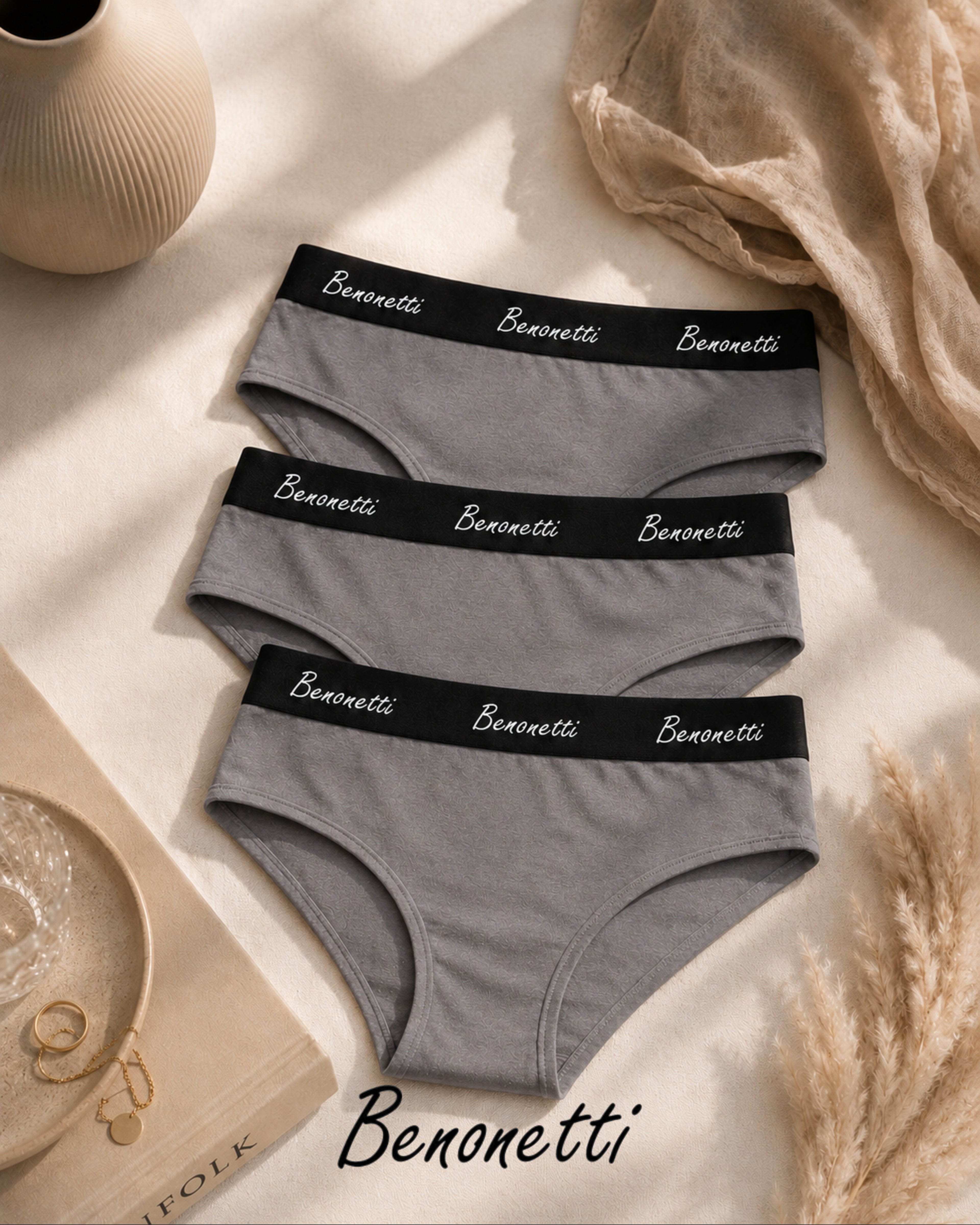 Benonetti Damen Slip mit elastischem Bund – Grau – 3er Pack