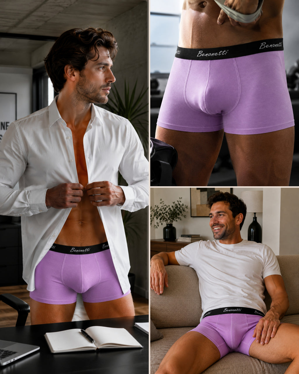 Benonetti Herren Boxershorts, Flieder - 3er & 6er Pack