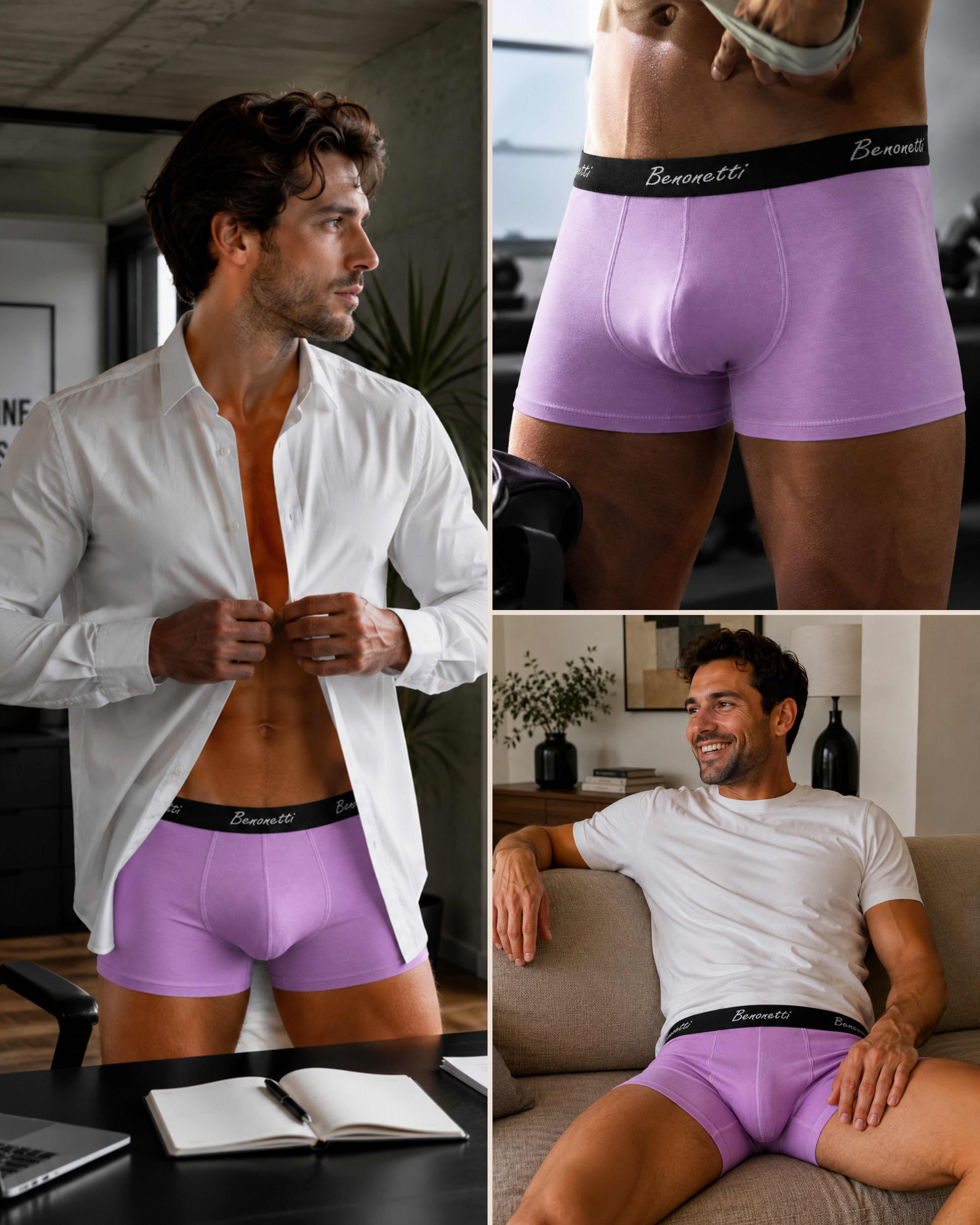 Benonetti Herren Boxershorts, Flieder - 3er & 6er Pack