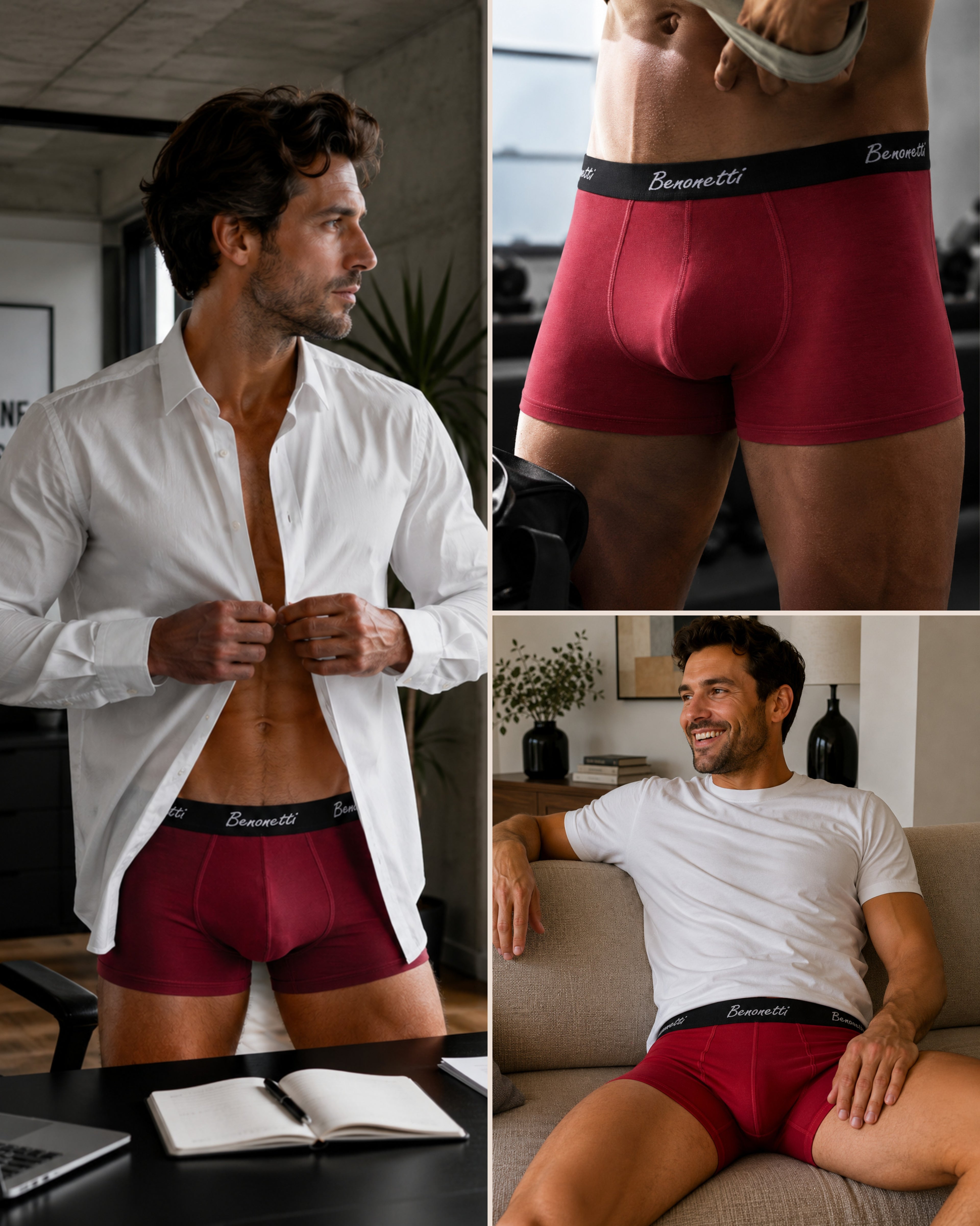 Benonetti Herren Boxershorts, Weinrot - 3er & 6er Pack