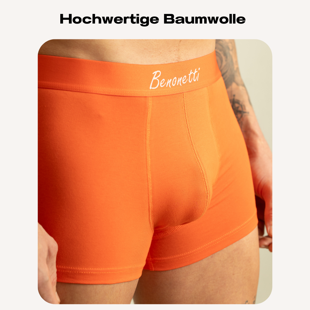 Benonetti Herren Boxershorts, Orange, atmungsaktive Baumwollunterwäsche mit Komfortbund, Bequem & langlebig, kein Aufrollen - 6er Pack