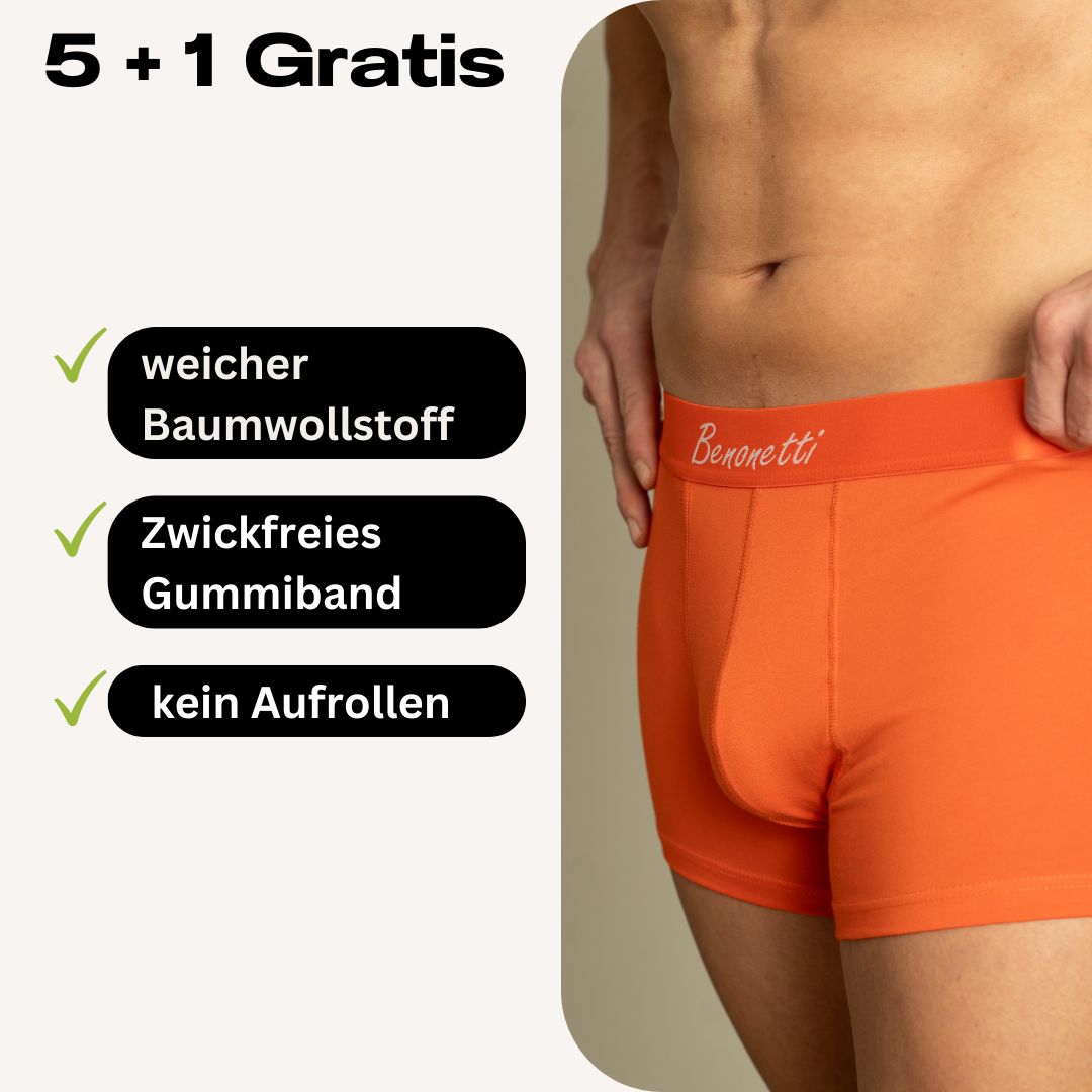 Benonetti Herren Boxershorts, Orange, atmungsaktive Baumwollunterwäsche mit Komfortbund, Bequem & langlebig, kein Aufrollen - 6er Pack