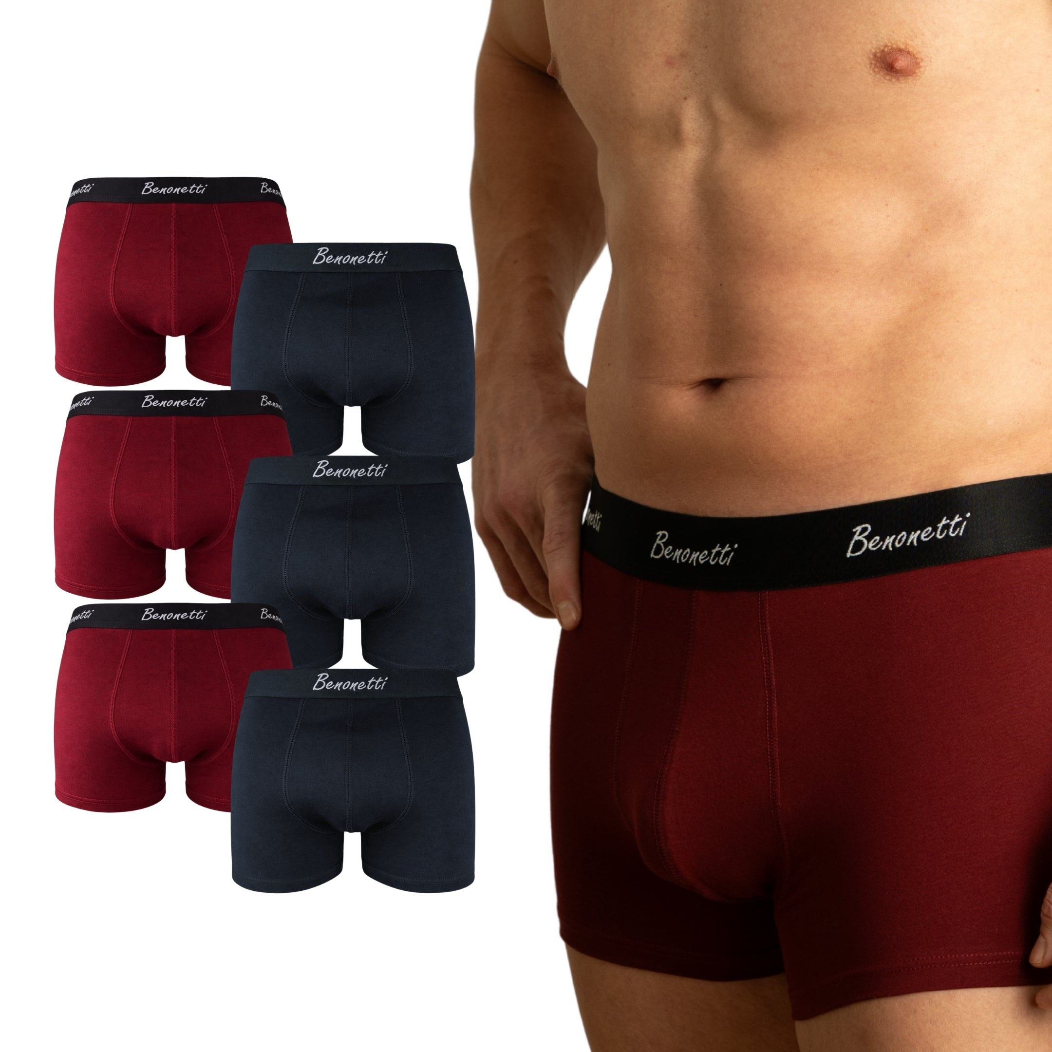 Benonetti Herren Boxershorts - Weinrot & Schwarz - 6er Pack
