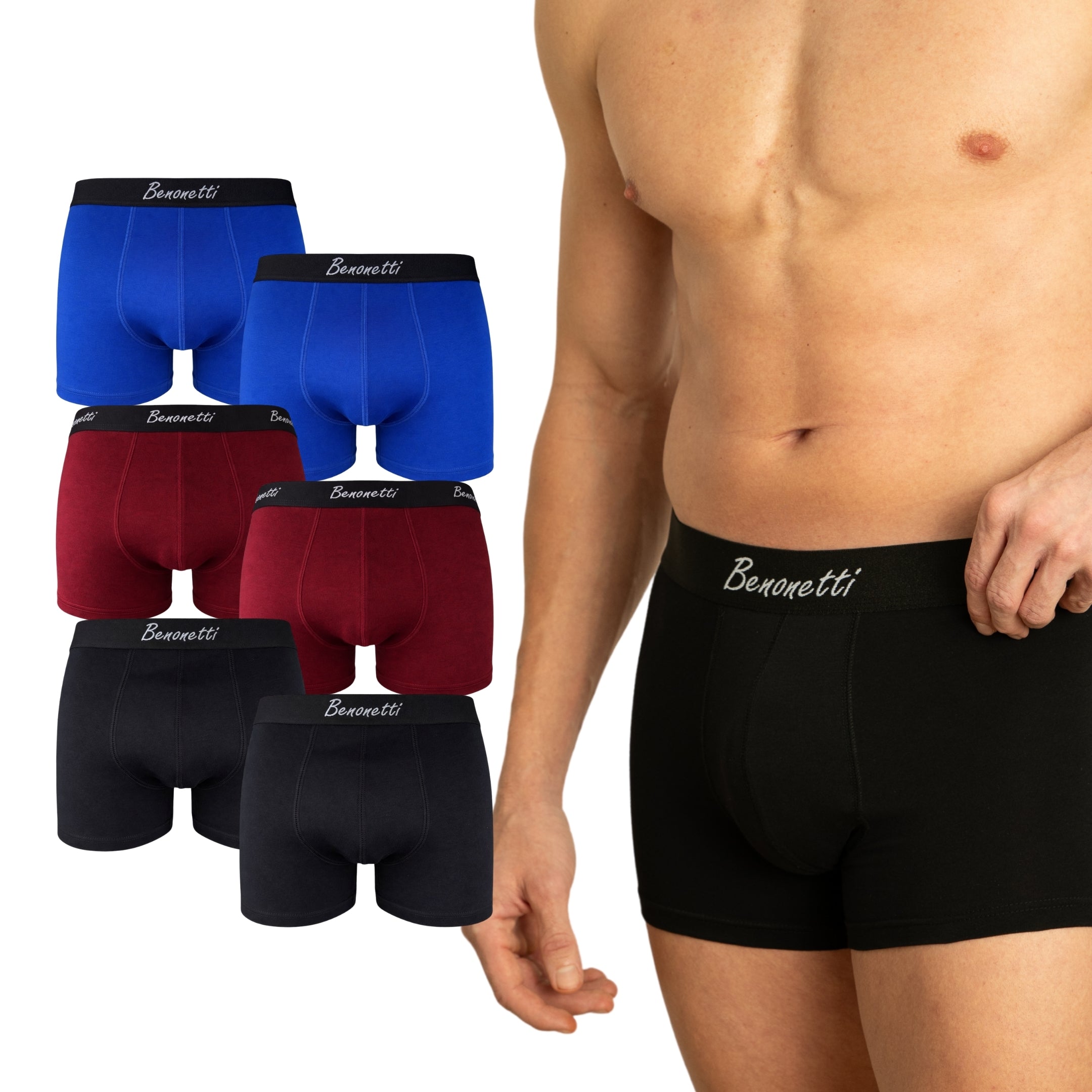 Benonetti Herren  Boxershorts - Weinrot, Blau & Schwarz - 6er Pack