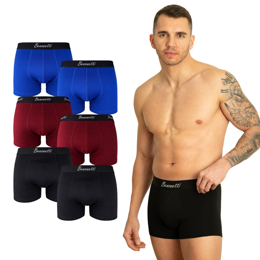 Benonetti Herren  Boxershorts - Weinrot, Blau & Schwarz - 6er Pack