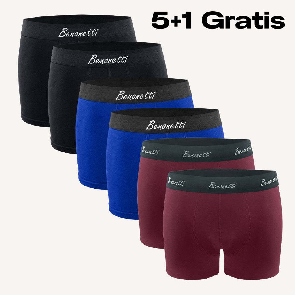 Benonetti Herrenboxershorts - Blau, Schwarz und Weinrot - 6er Pack